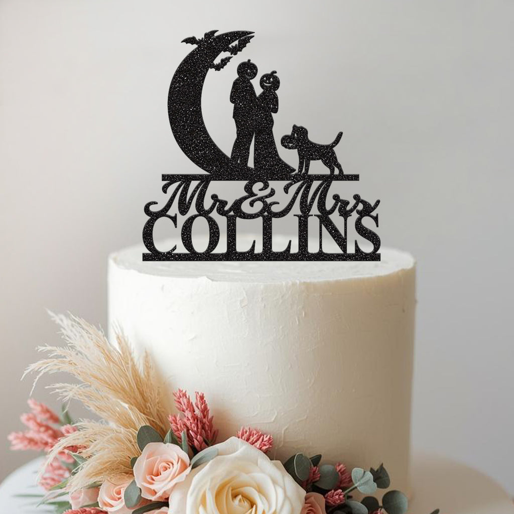Personalised Pumpkin-Head Couple & Dog Halloween Wedding Cake Topper – Surname in Black Glitter