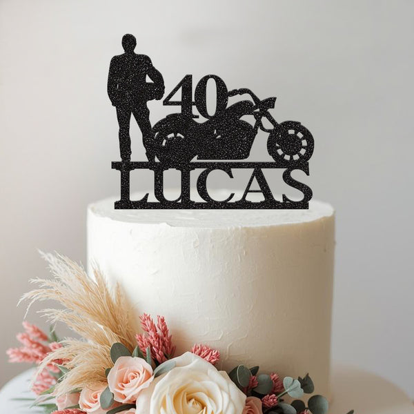 Personalised Motorbike Rider Milestone Cake Topper – Name & Age in Black Glitter