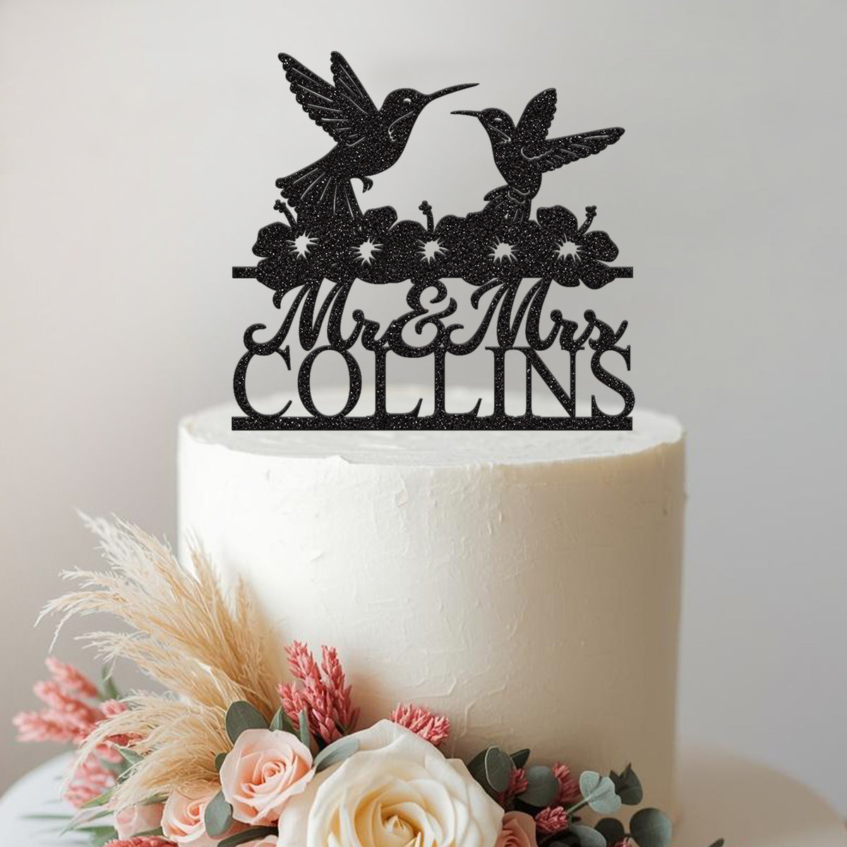 Personalised Hummingbird Pair & Flowers Wedding Cake Topper – Surname in Black Glitter