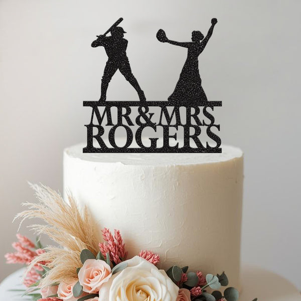 Personalised Baseball Couple Wedding Cake Topper – Surname in Black Glitter