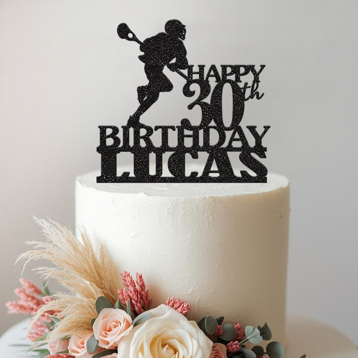 Personalised Leaping Lacrosse Player Cake Topper – Name & Age in Black Glitter