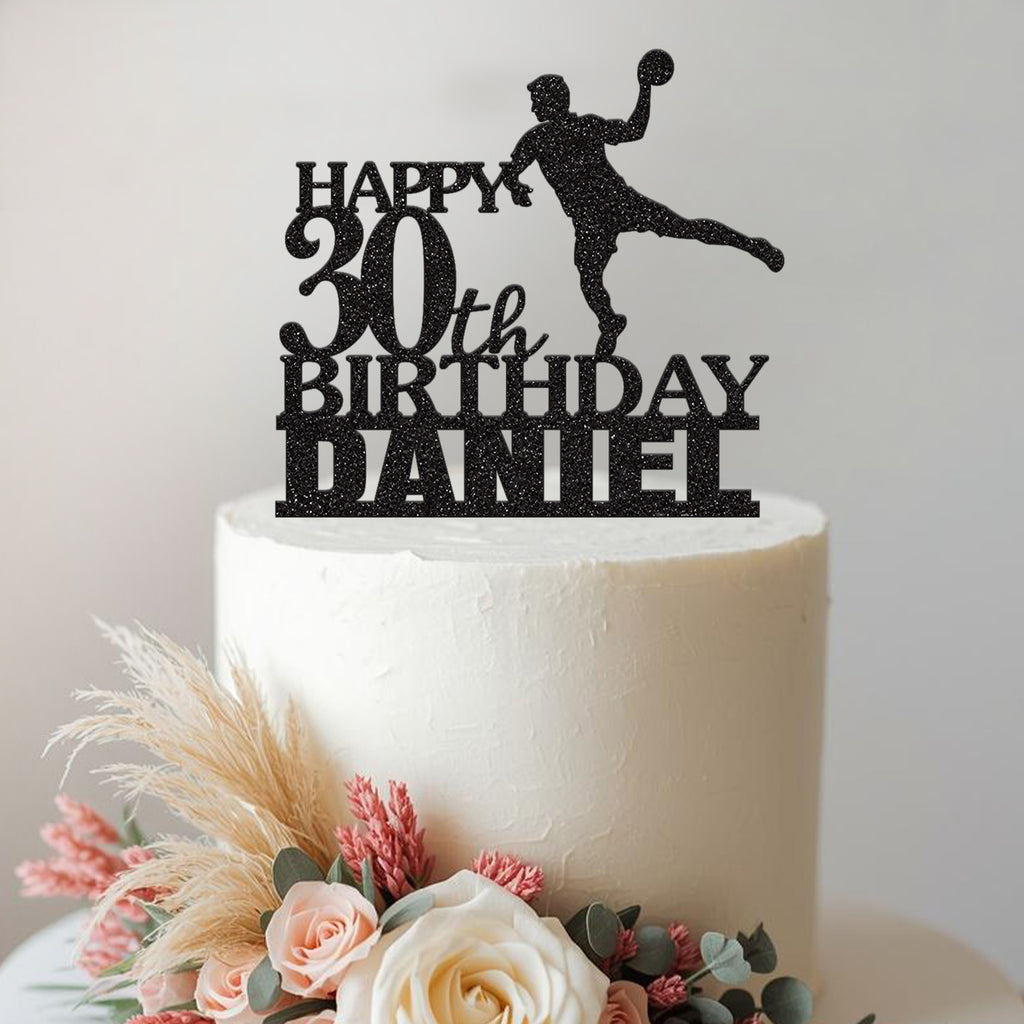 Personalised Handball Player Birthday Cake Topper – Name & Age in Black Glitter