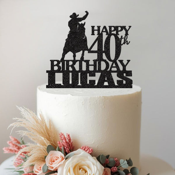 Personalised Rodeo Horse Rider Birthday Cake Topper – Name & Age in Black Glitter