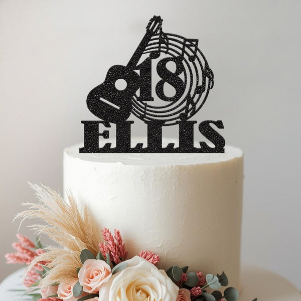 Personalised Acoustic Guitar & Music Notes Cake Topper – Name & Age in Black Glitter
