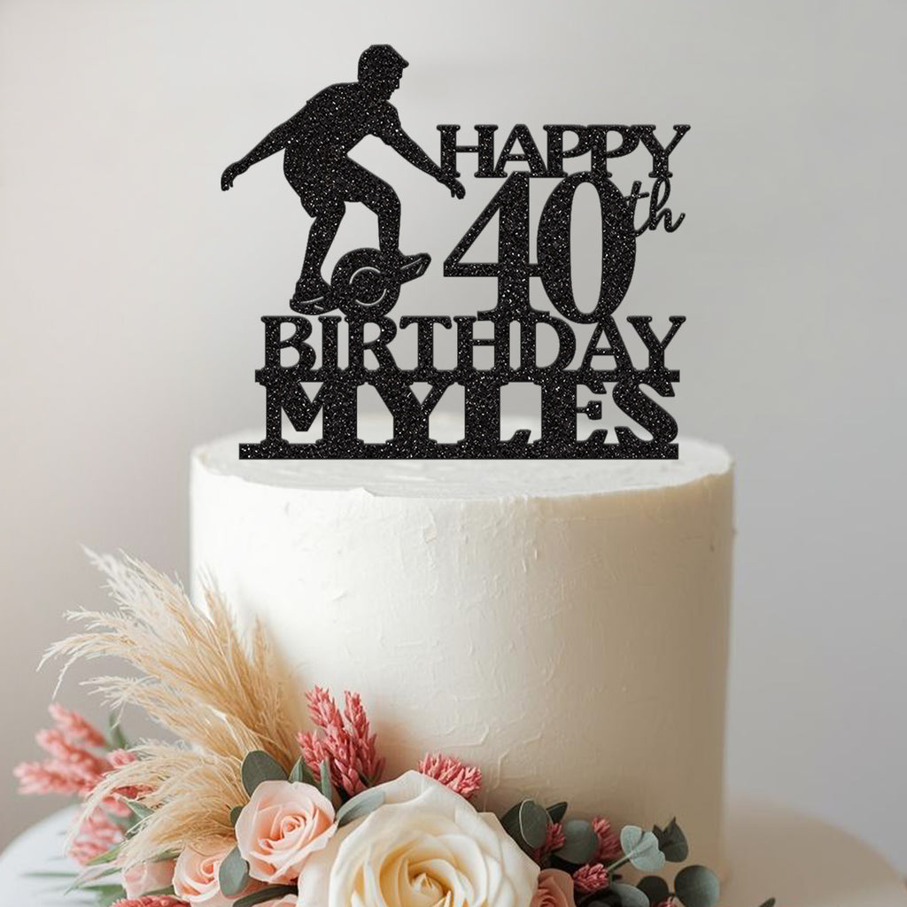 Personalised Single-Wheel Board Rider Birthday Cake Topper – Name & Age in Black Glitter