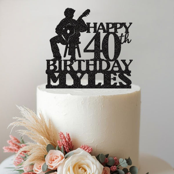 Personalised Seated Guitarist Birthday Cake Topper – Name & Age in Black Glitter