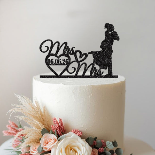Personalised Kissing Brides Wedding Cake Topper – Date in Black Glitter