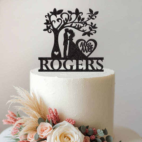 Personalised Wedding Couple Under Heart Tree Cake Topper – Surname in Black Glitter
