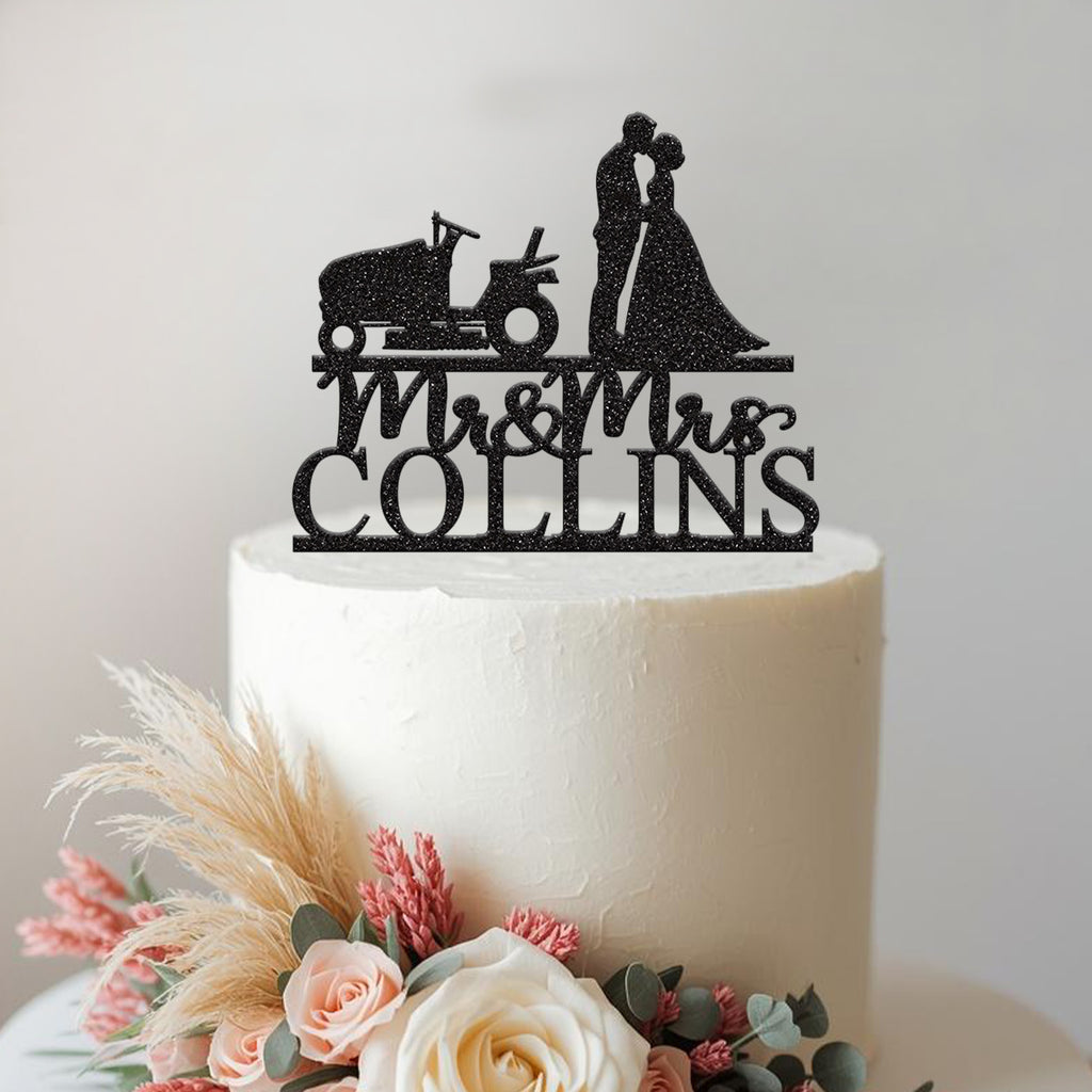 Personalised Ride-On Mower Wedding Cake Topper – Surname in Black Glitter