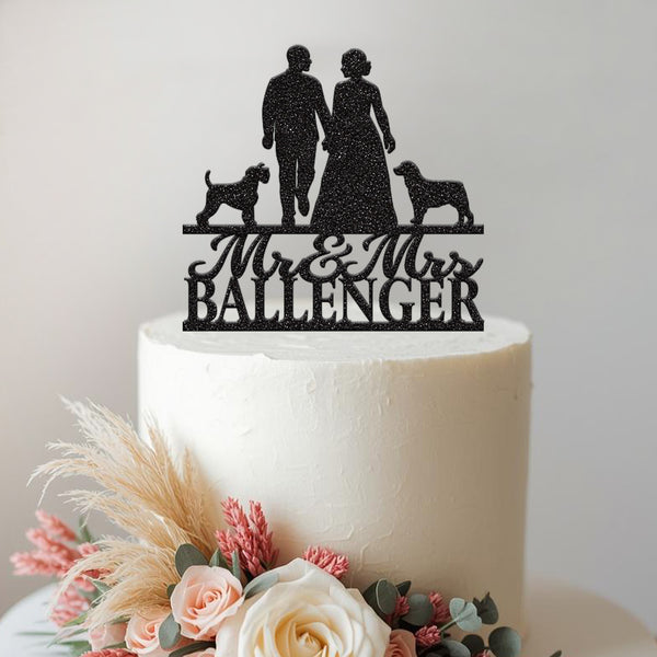 Personalised Wedding Couple & Two Dogs Cake Topper – Surname in Black Glitter