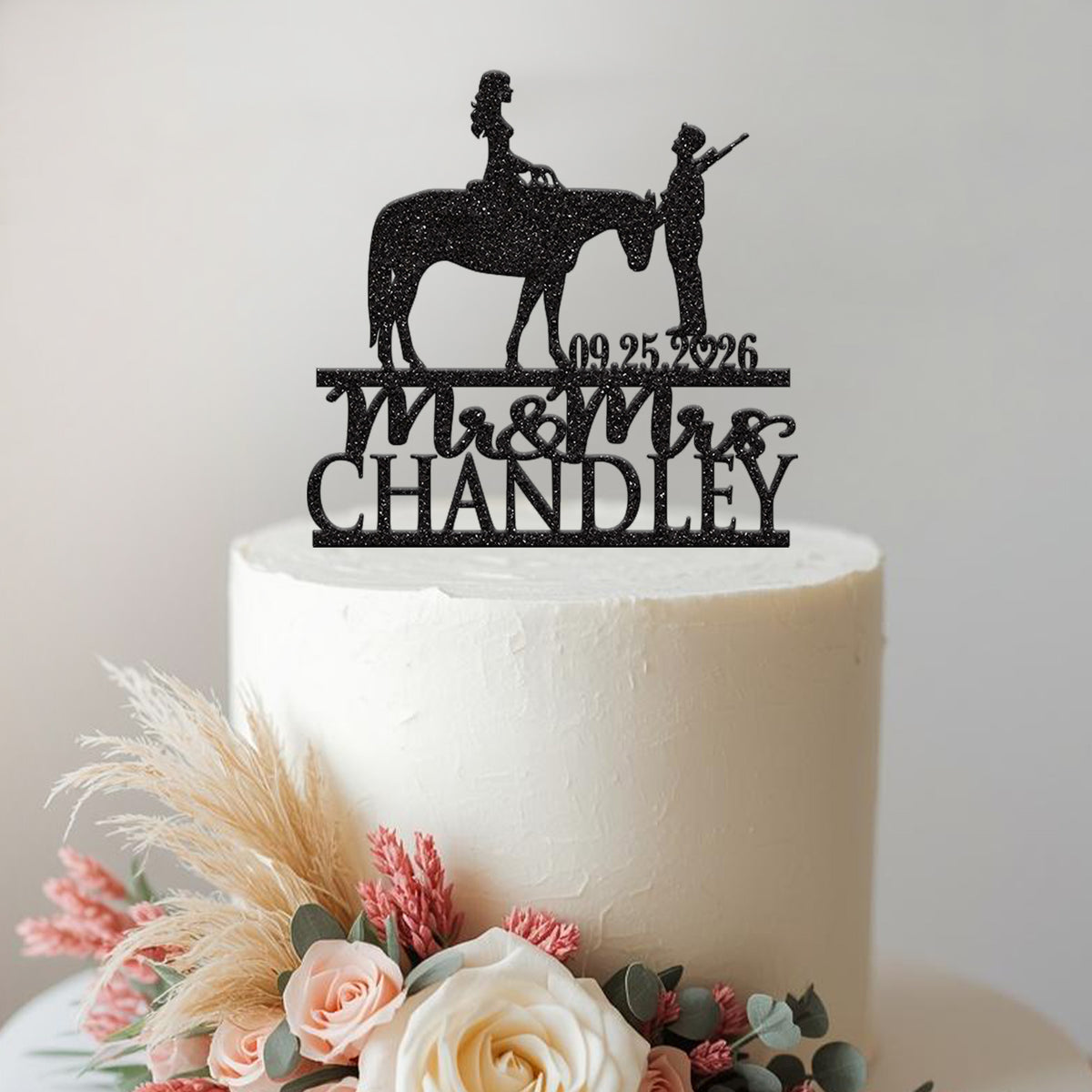 Personalised Horse Rider & Hunter Wedding Cake Topper – Surname & Date in Black Glitter
