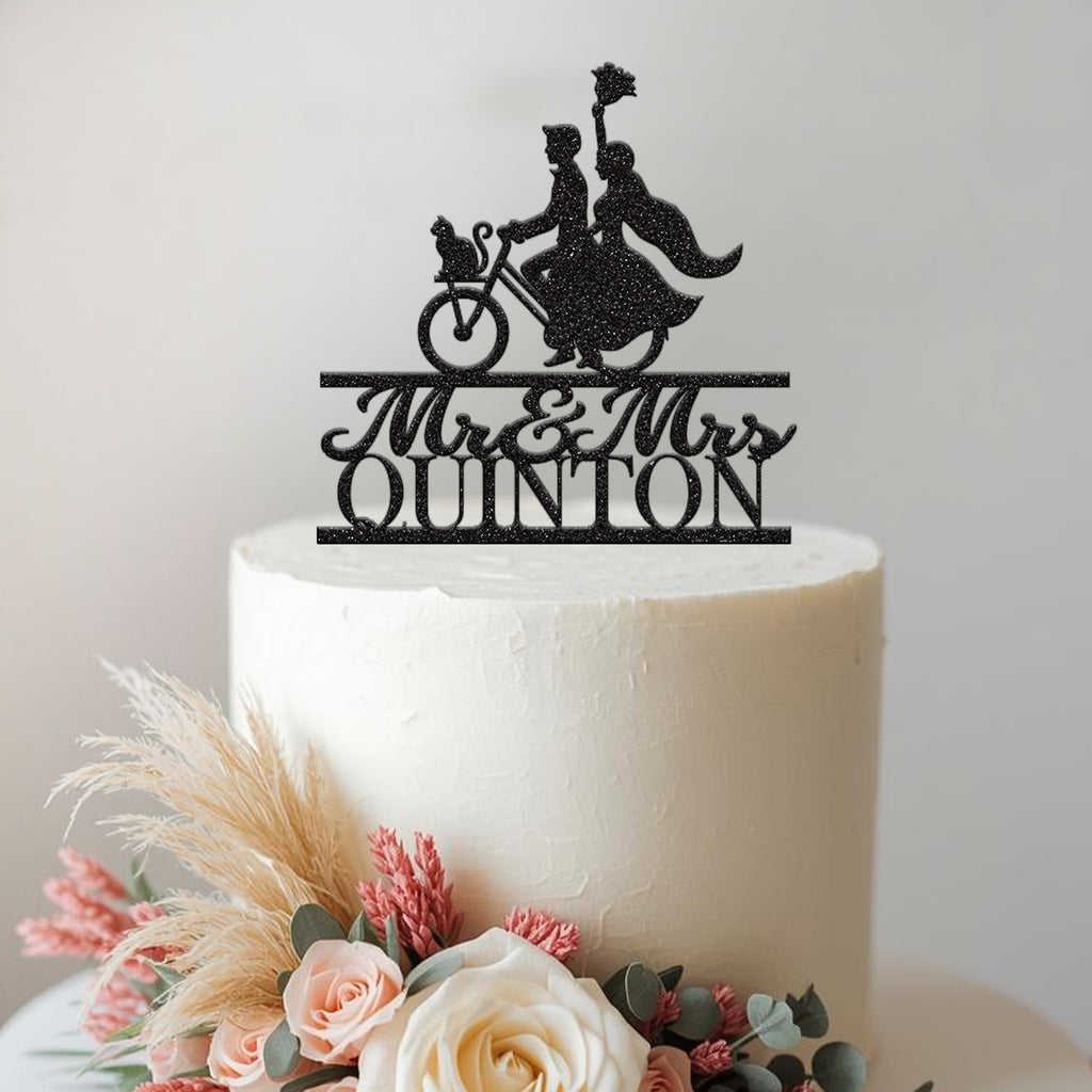 Personalised Bicycle Wedding Couple & Cat Cake Topper – Surname in Black Glitter