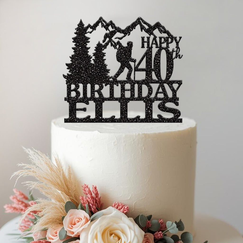 Personalised Mountain Hiker Birthday Cake Topper – Name & Age in Black Glitter