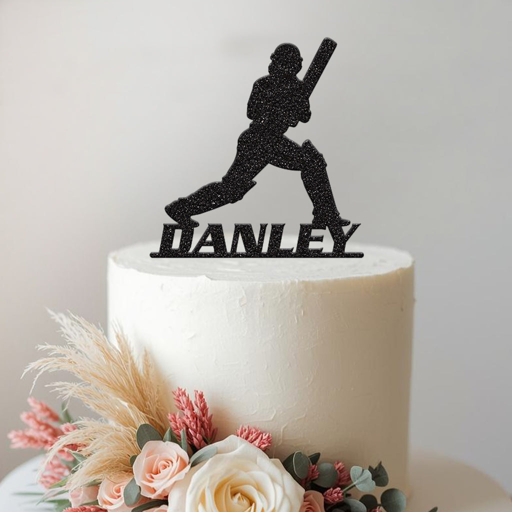 Personalised Cricket Batter Cake Topper – Name in Black Glitter