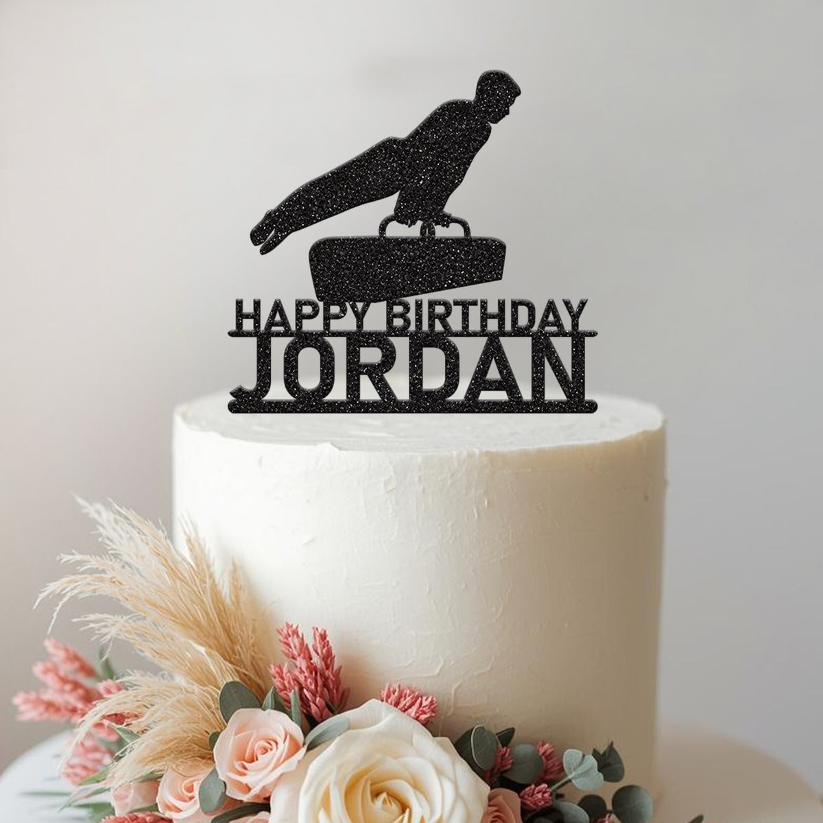 Personalised Pommel Horse Gymnast Cake Topper – Name in Black Glitter