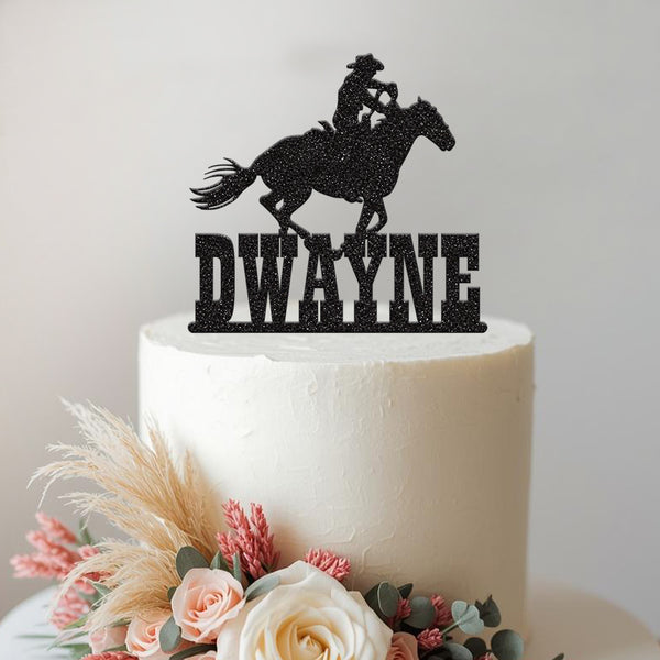 Personalised Galloping Cowboy Cake Topper – Name in Black Glitter
