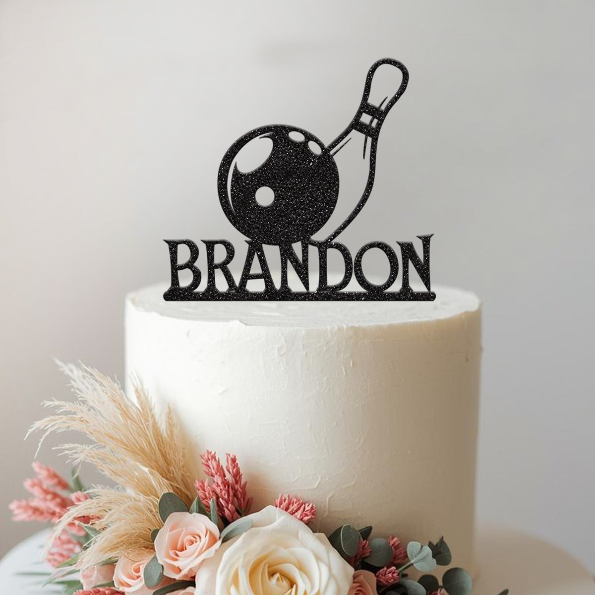 Personalised Bowling Ball & Pin Cake Topper – Name in Black Glitter