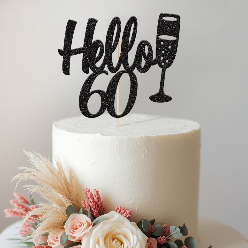 Personalised Hello Champagne Glass Cake Topper – Age in Black Glitter