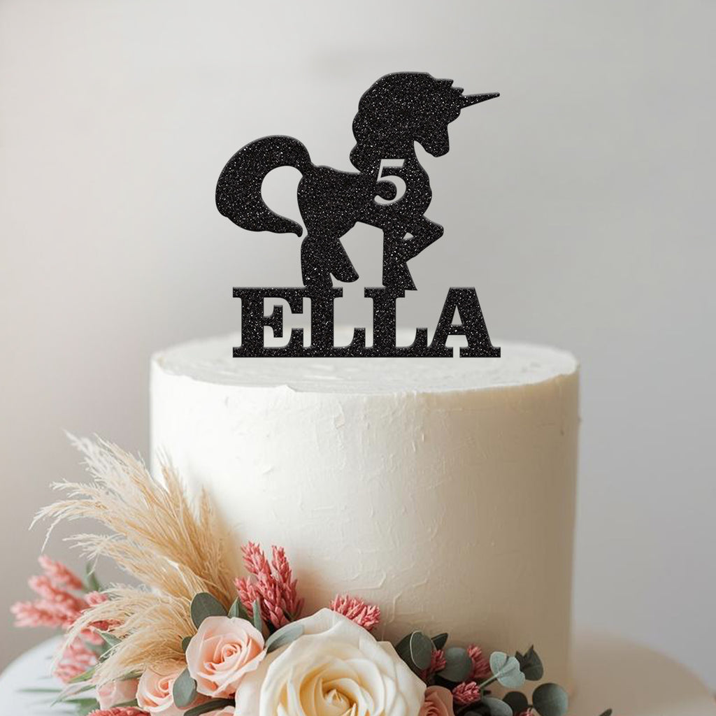Personalised Rearing Unicorn Cake Topper – Name & Age in Black Glitter