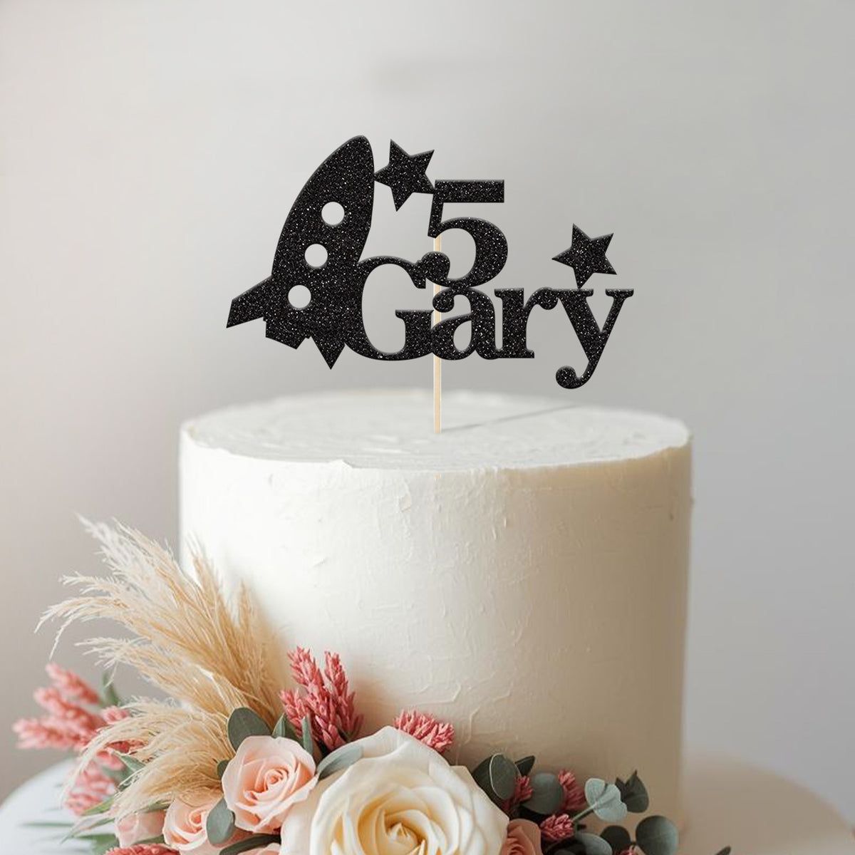 Personalised Rocket & Stars Cake Topper – Name & Age in Black Glitter