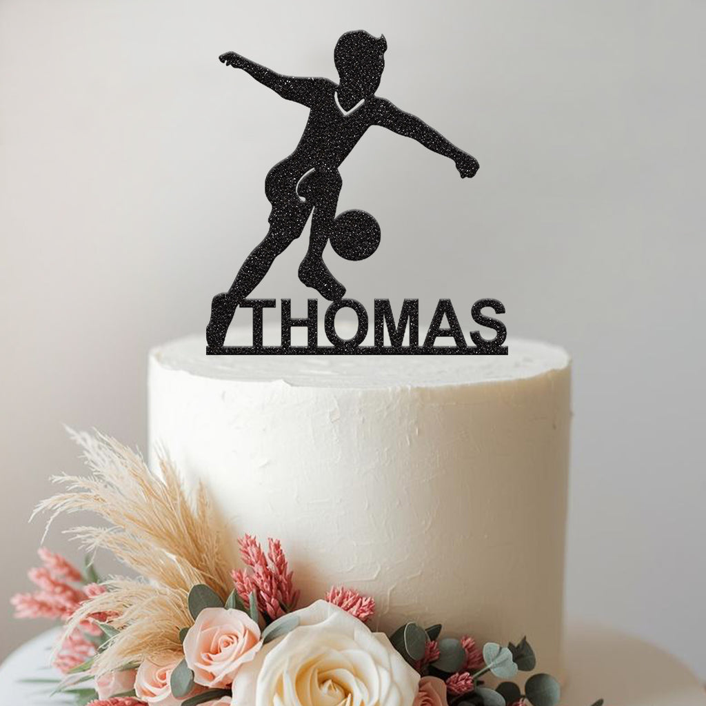 Personalised Football Dribbler Cake Topper – Name in Black Glitter