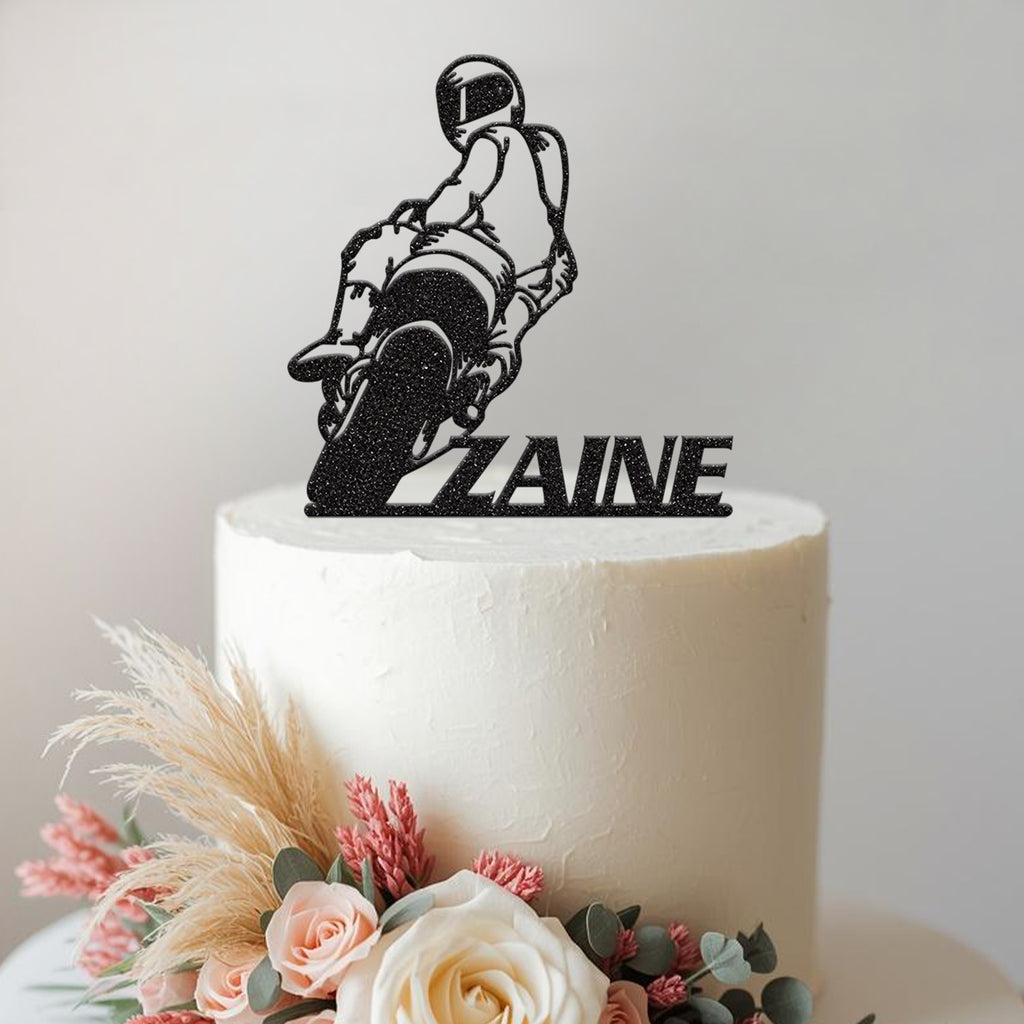 Personalised Leaning Motorbike Rider Cake Topper – Name in Black Glitter