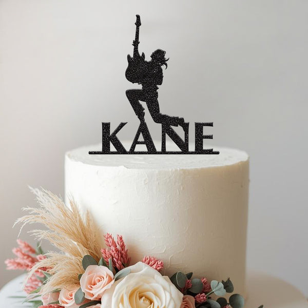Personalised Jumping Guitarist Cake Topper – Name in Black Glitter
