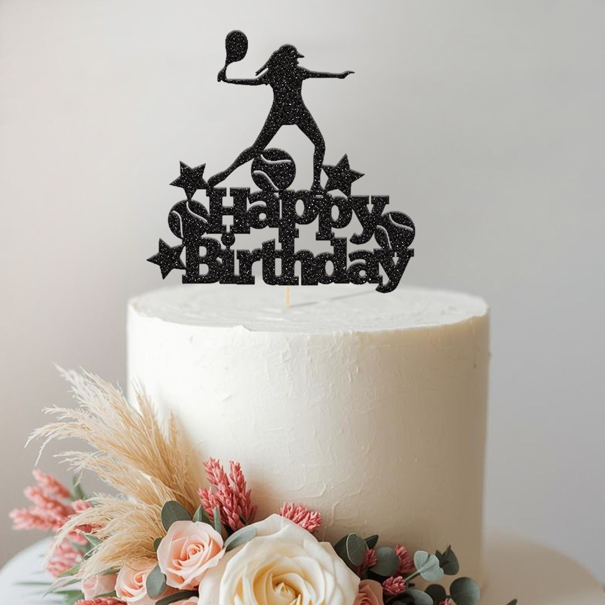 Female Tennis Player Birthday Cake Topper in Black Glitter