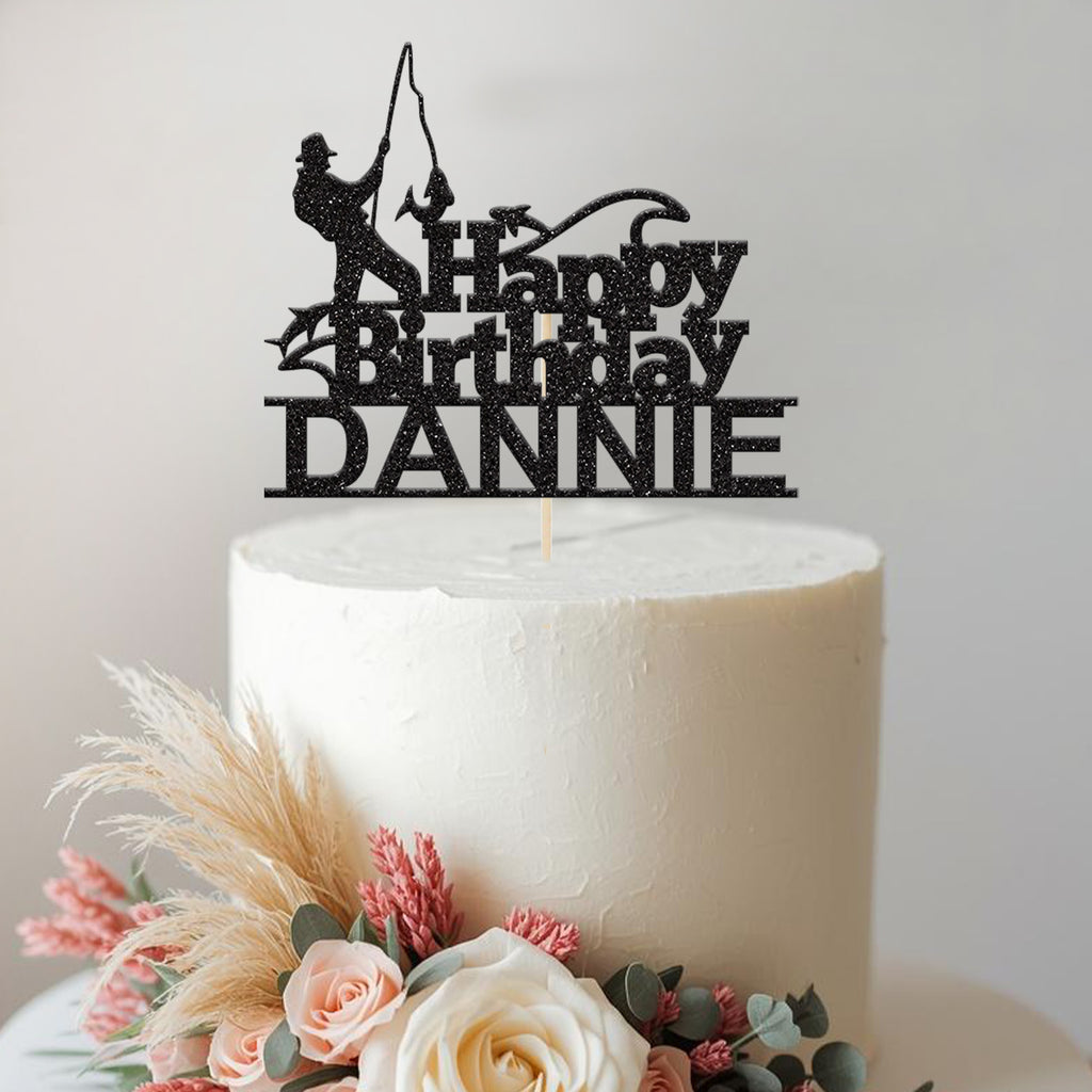 Personalised Fishing Cake Topper – Name in Black Glitter