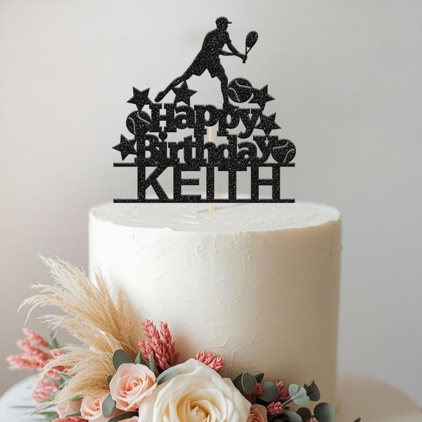 Personalised Tennis Stars Cake Topper – Name in Black Glitter