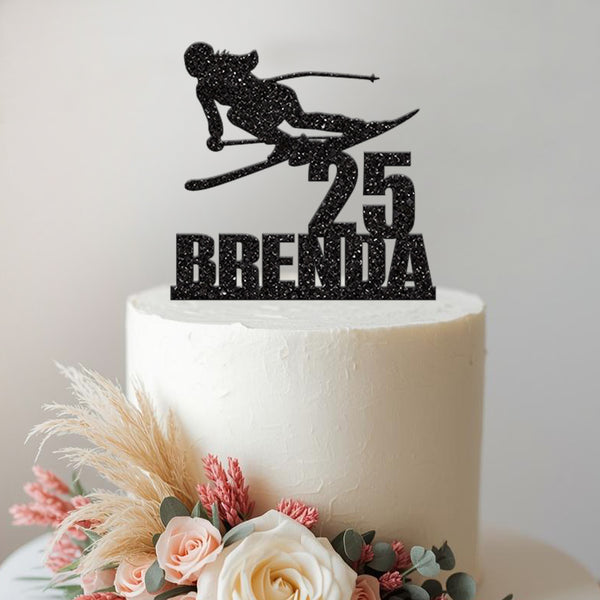 Personalised Carving Skier Cake Topper – Name & Age in Black Glitter