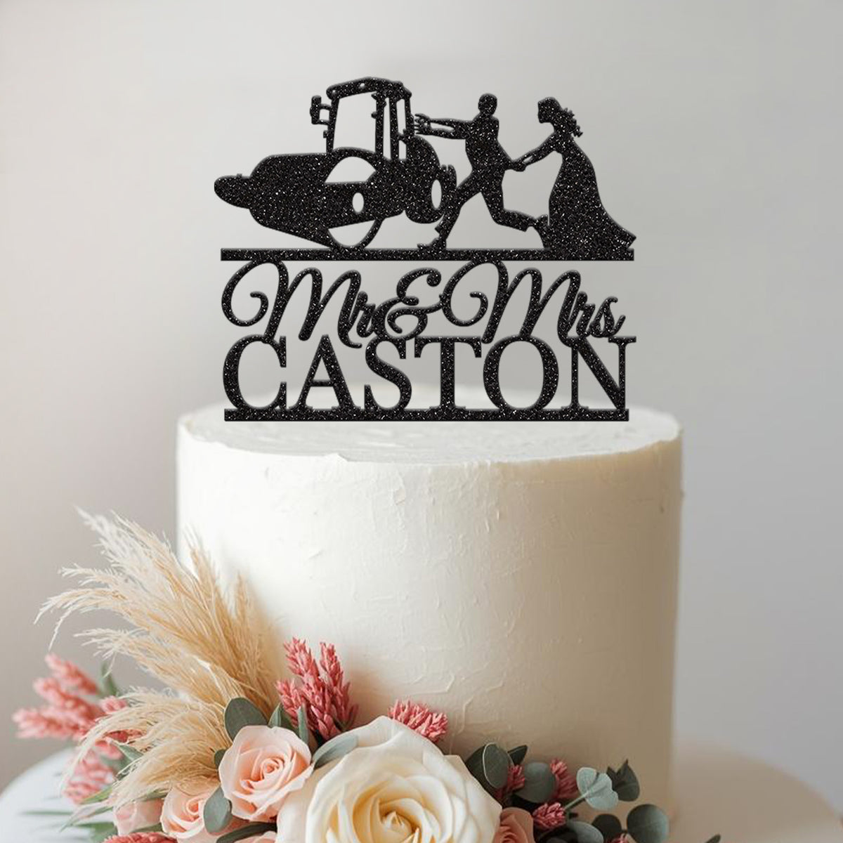 Personalised Wheel Loader Wedding Couple Cake Topper – Surname in Black Glitter
