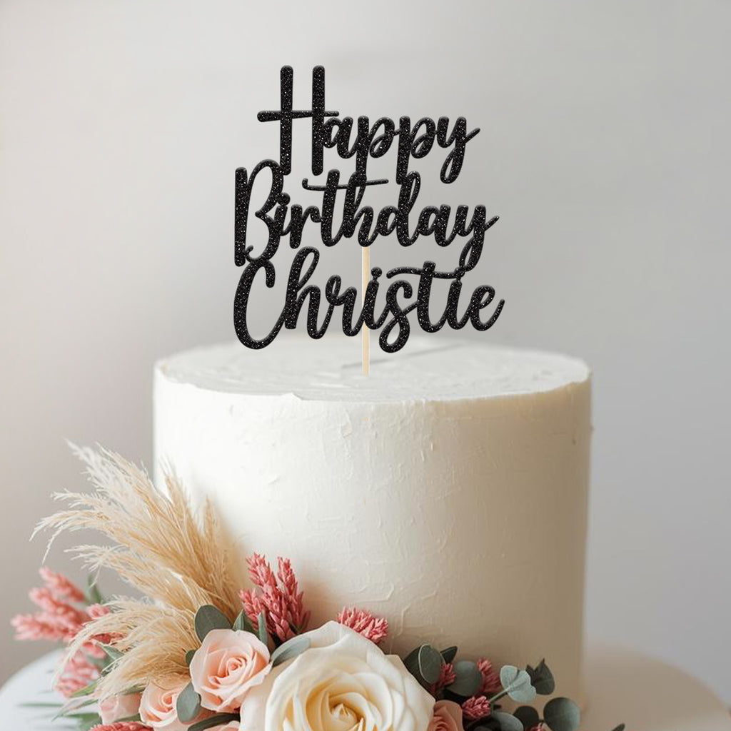 Personalised Stacked Script Cake Topper – Name in Black Glitter