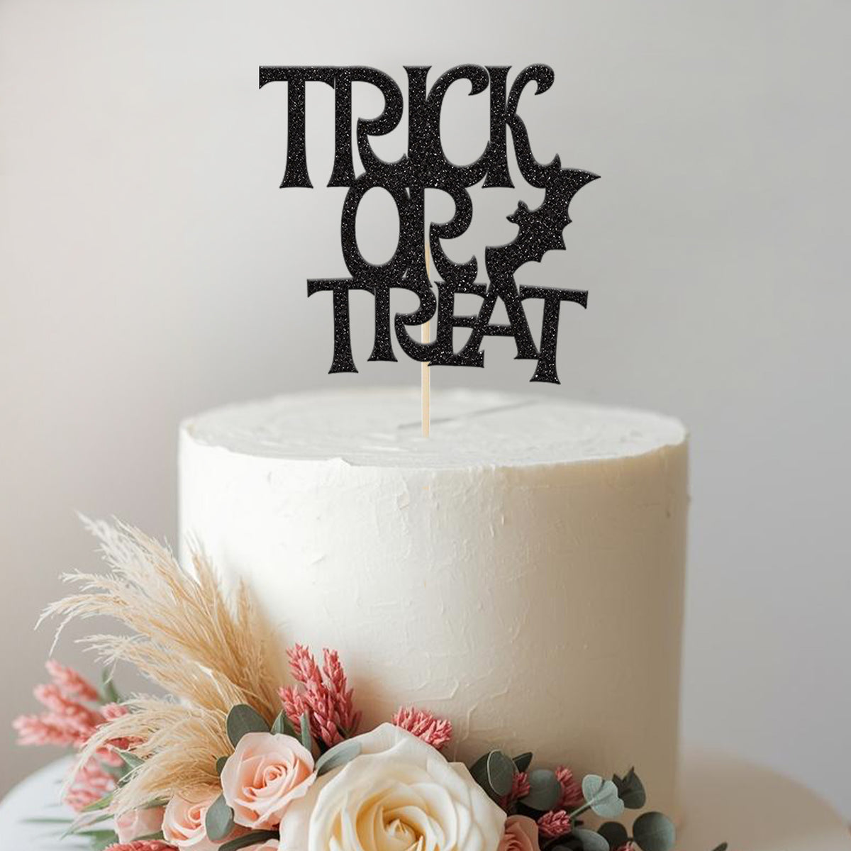 Trick or Treat Bat Halloween Cake Topper in Black Glitter