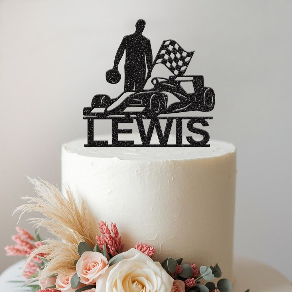 Personalised Open-Wheel Racing Driver Cake Topper – Name in Black Glitter