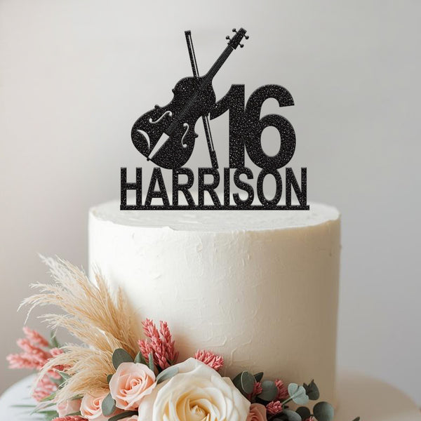 Personalised Violin and Number Cake Topper – Name & Age in Black Glitter