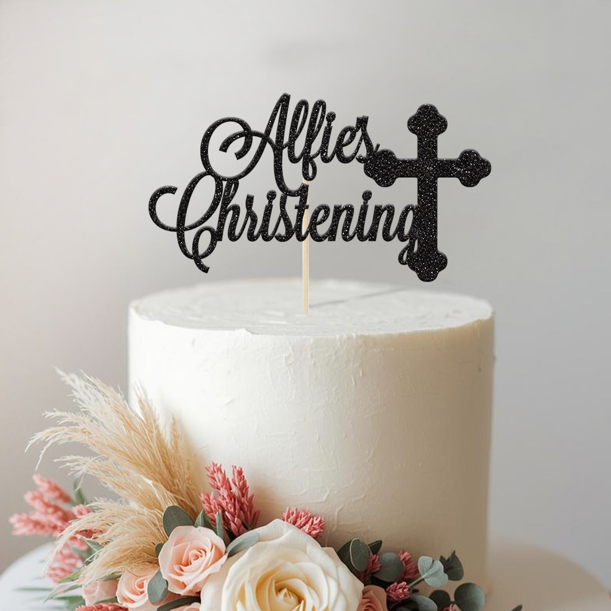 Personalised Christening Cross Cake Topper – Name in Black Glitter