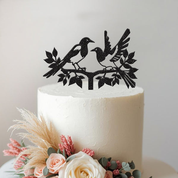 Magpie Pair on Branch Wedding Cake Topper in Black Glitter