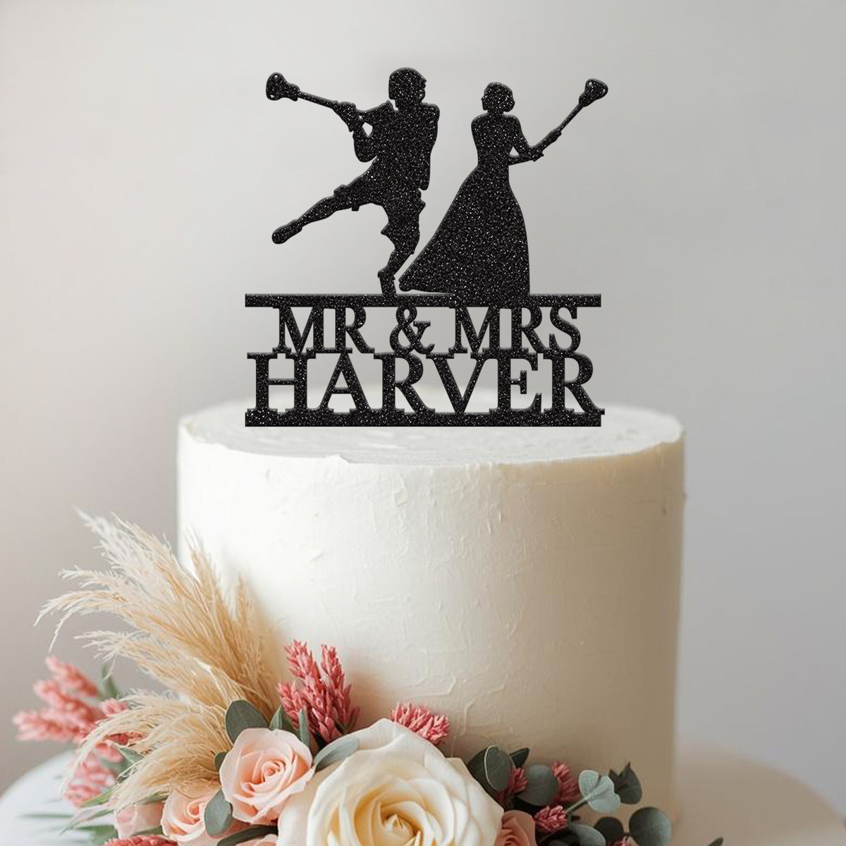 Personalised Lacrosse Couple Wedding Cake Topper – Surname in Black Glitter