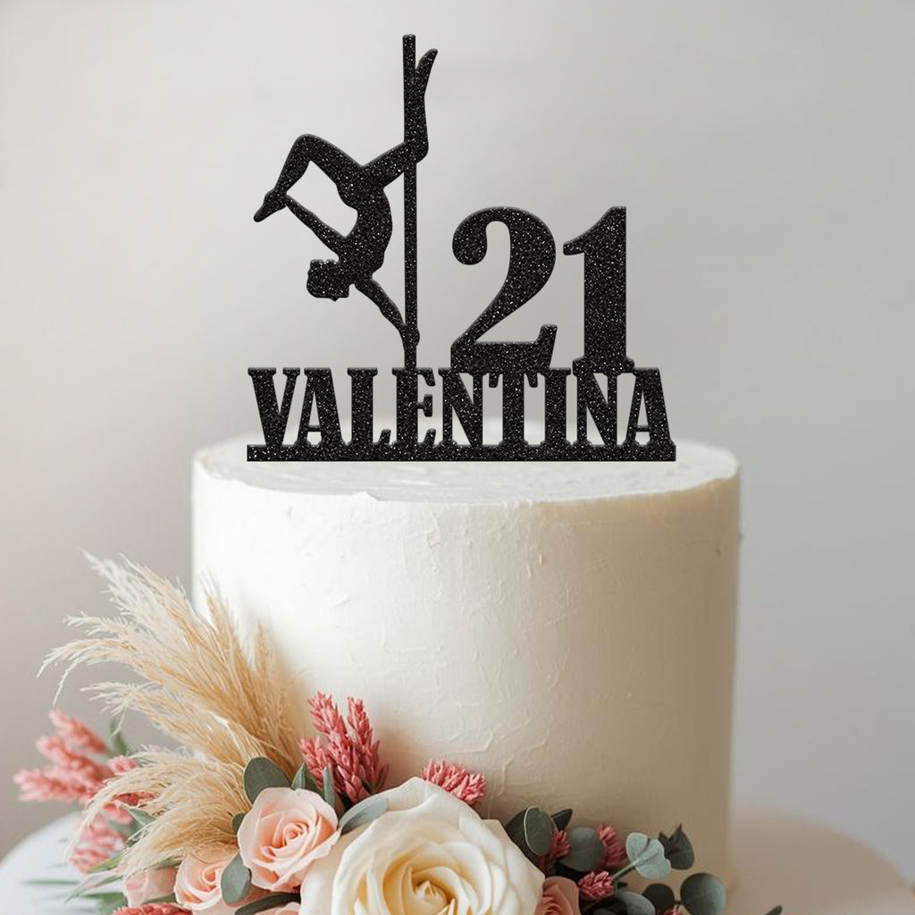 Personalised Pole Dance Inversion Cake Topper – Name & Age in Black Glitter