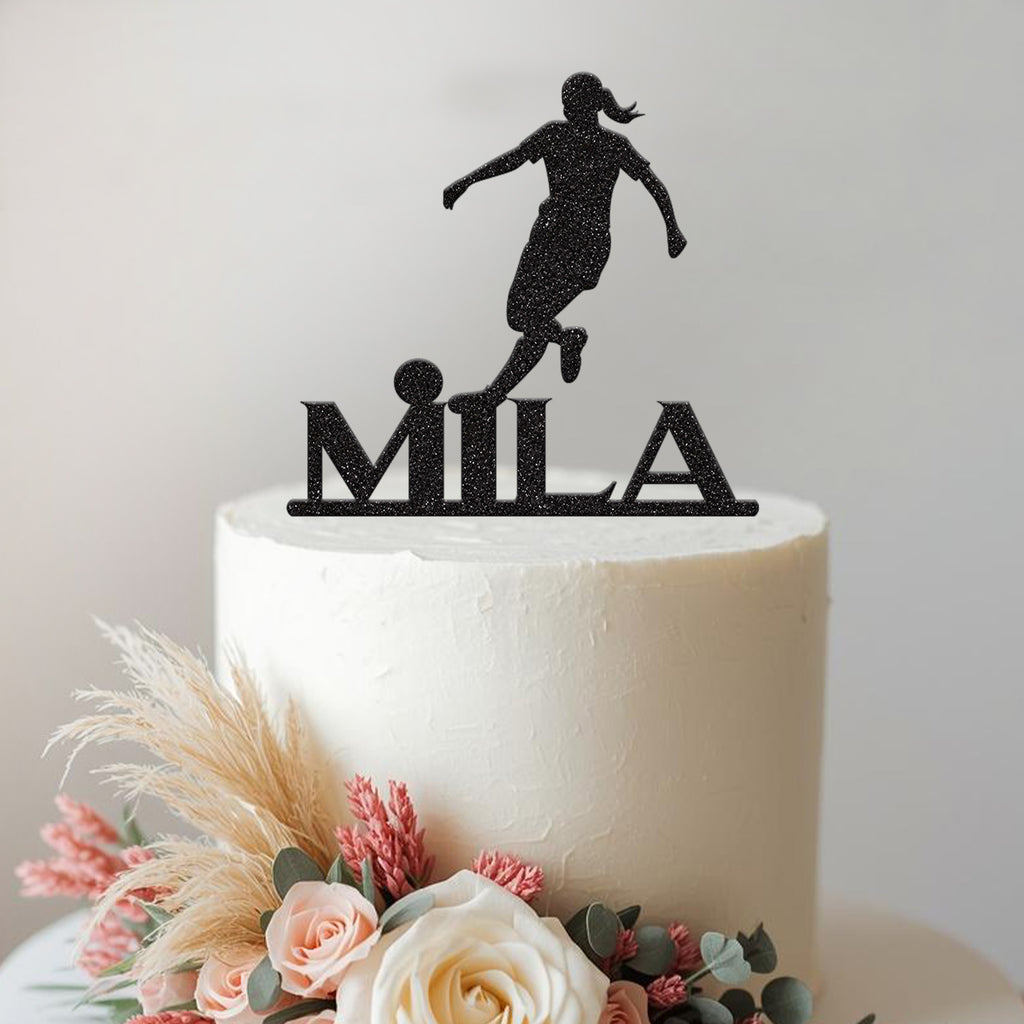 Personalised Female Footballer Silhouette Cake Topper – Name in Black Glitter