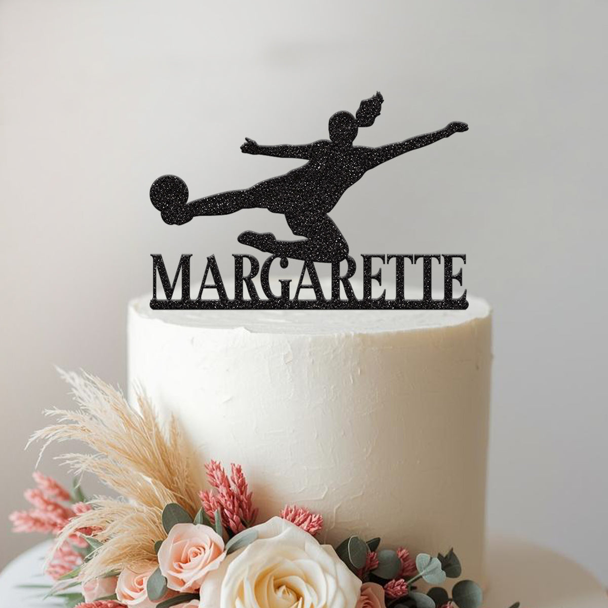 Personalised Female Footballer Volley Cake Topper – Name in Black Glitter
