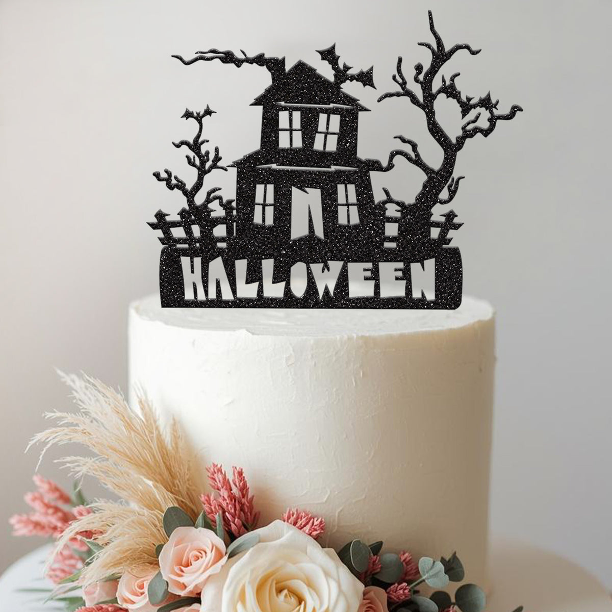 Haunted House and Bats Halloween Cake Topper in Black Glitter