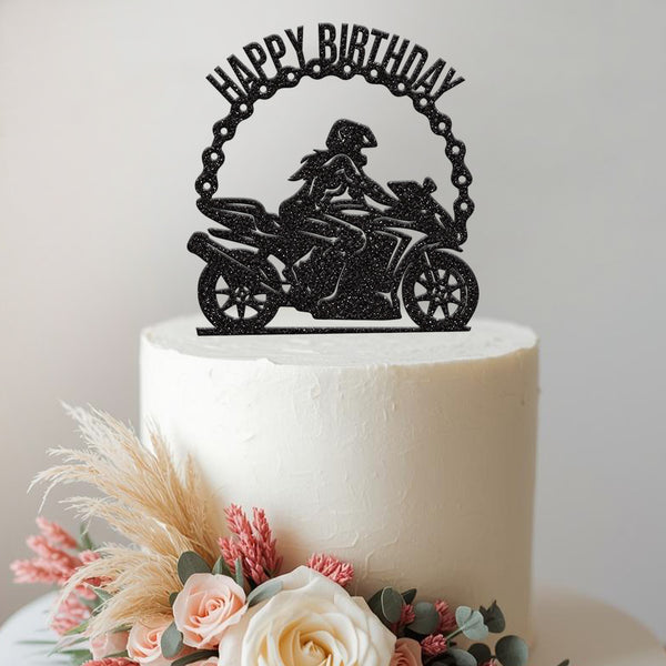 Happy Birthday Female Motorbike Rider Cake Topper in Black Glitter