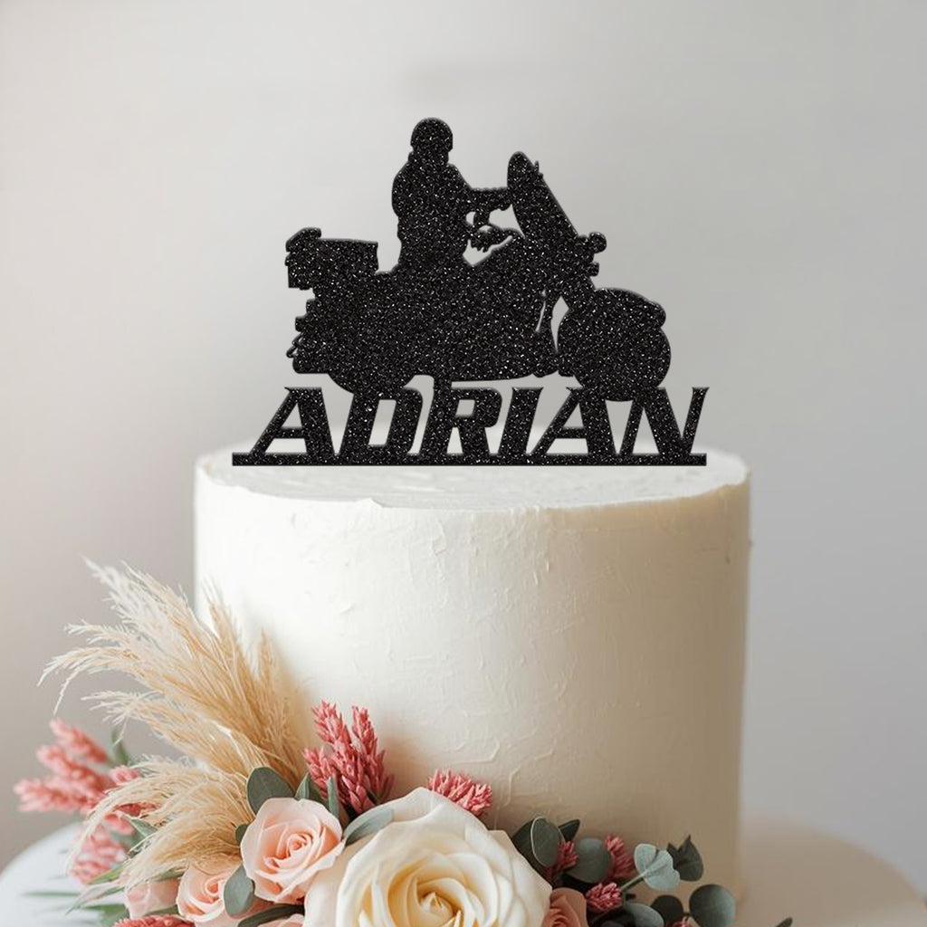 Personalised Touring Motorbike Rider Cake Topper – Name in Black Glitter