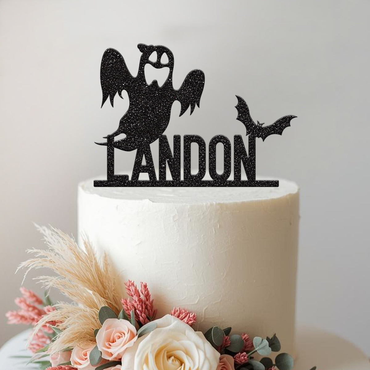 Personalised Ghost and Bat Halloween Cake Topper – Name in Black Glitter