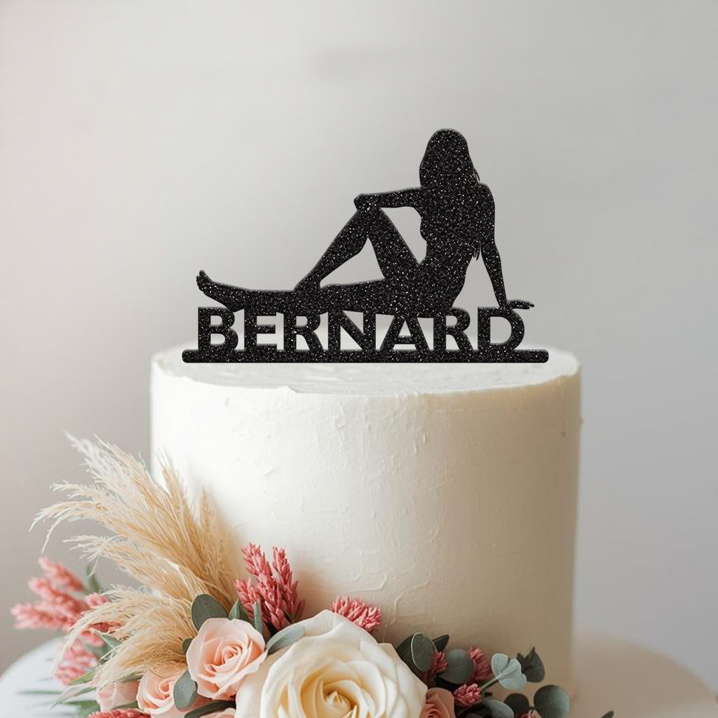 Personalised Reclining Woman Silhouette Cake Topper – Name in Black Glitter