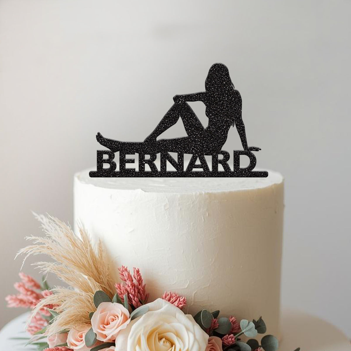 Personalised Reclining Woman Silhouette Cake Topper – Name in Black Glitter