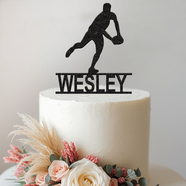 Personalised Rugby Passing Pose Cake Topper – Name in Black Glitter