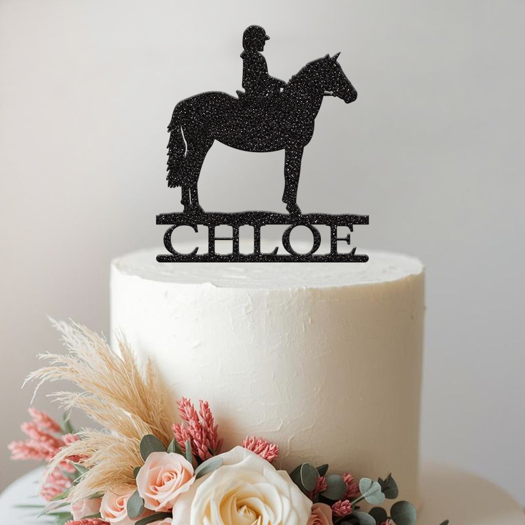 Personalised Pony Rider Cake Topper – Name in Black Glitter